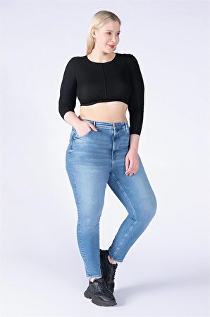 Büyük Beden Mavi Yüksek Bel Skinny Jeans